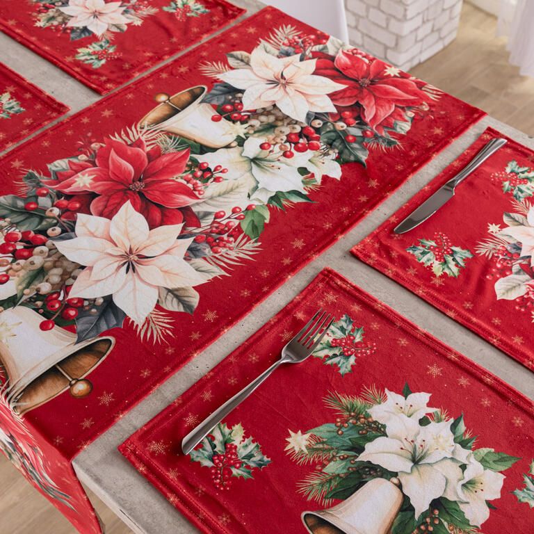 Zestaw 4 podkładek i bieżnika na stół RED POINSETTIA - galeria #1