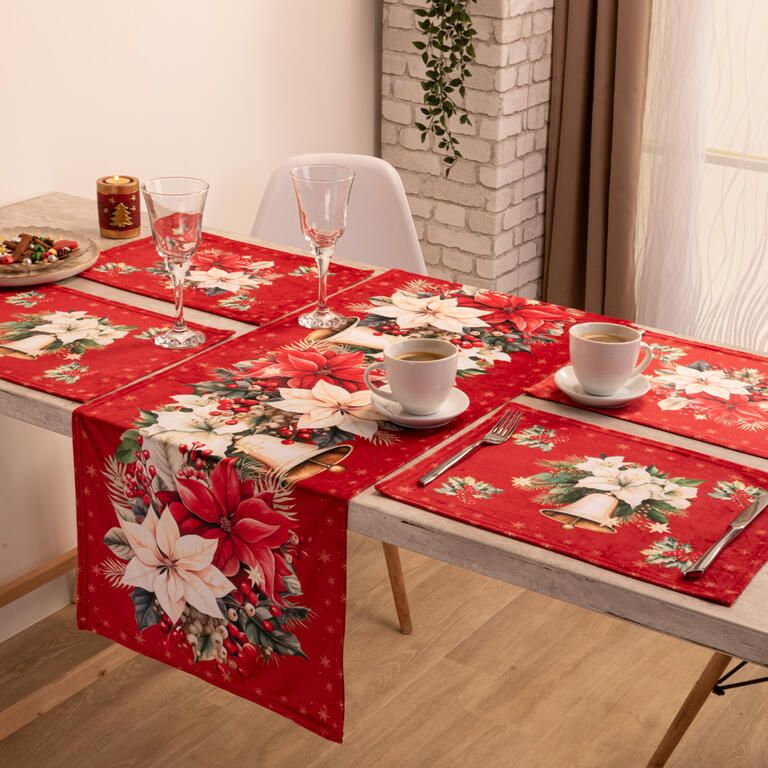 Zestaw 4 podkładek i bieżnika na stół RED POINSETTIA