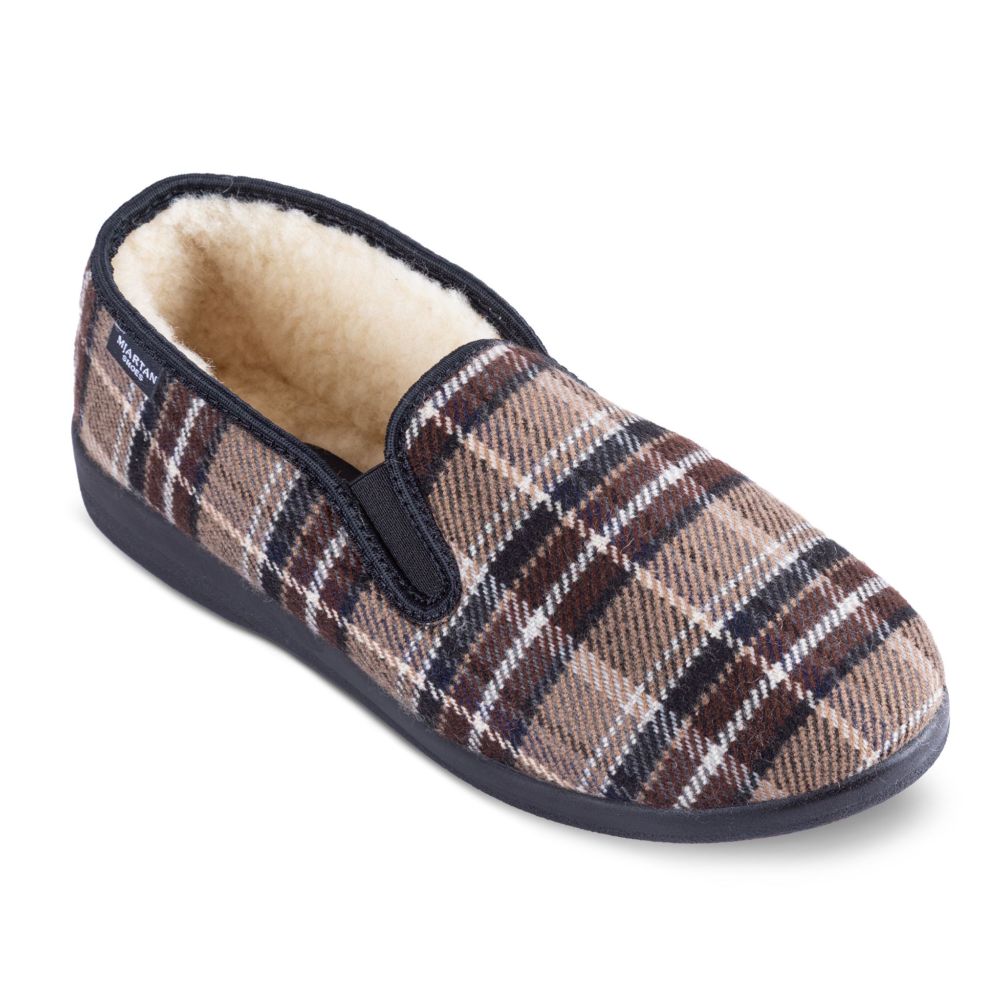 Męskie ocieplane kapcie z barankiem w brązową kratę